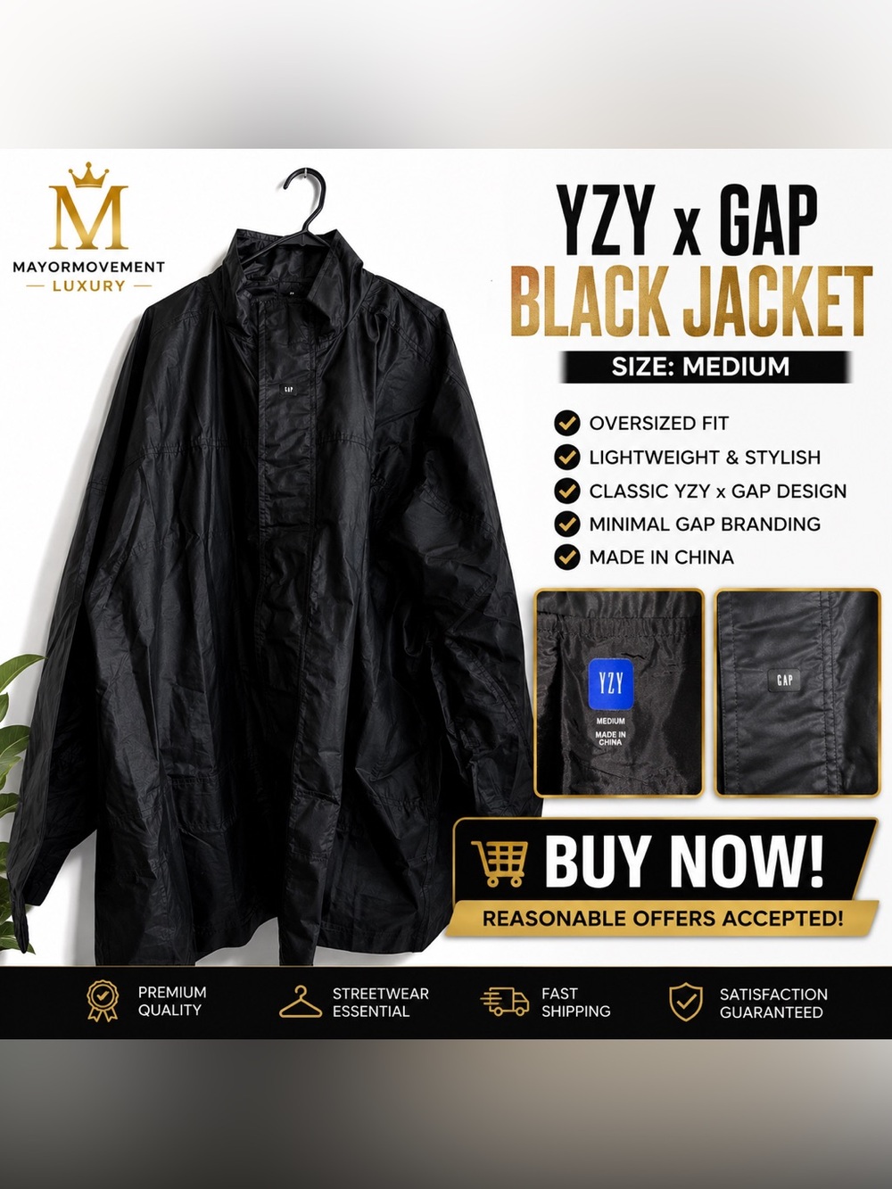 YZY GAP Black Oversized Jacket Size Medium Yeezy Minimalist Streetwear